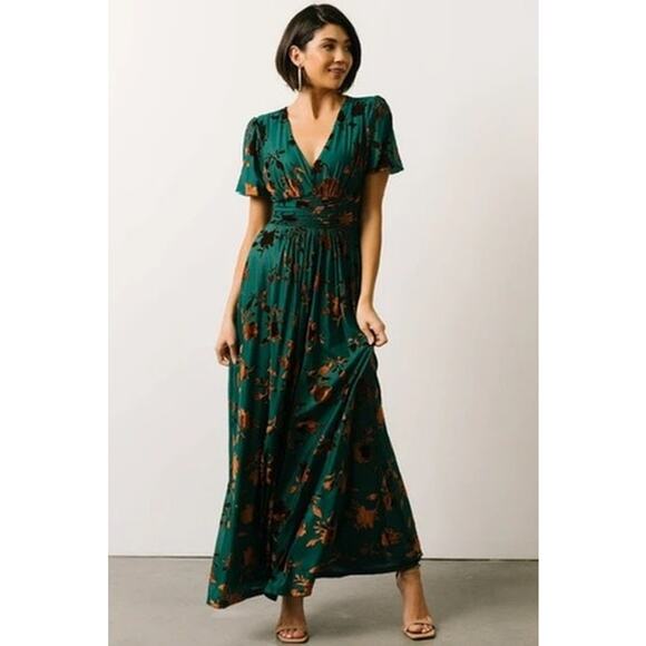 Baltic Born NWOT Leslie Embossed Velvet Floral Print Puff Sleeve Maxi Dress - Picture 2 of 9